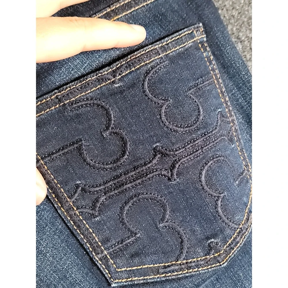 Tory Burch Jeans Womens 27 (Fits 28) Bootcut Denim Logo Back Pockets Dark Wash